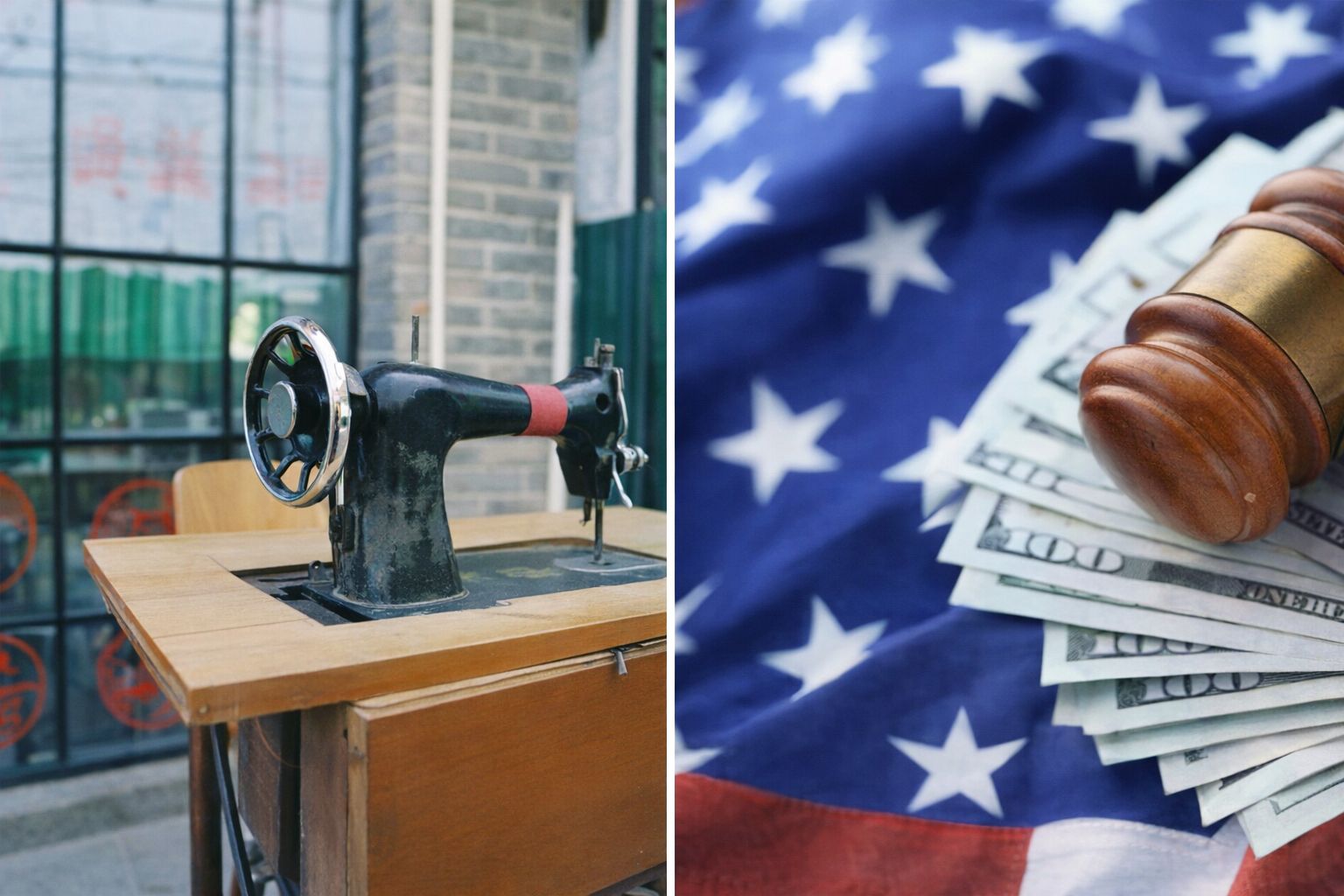 Gammal symaskin och auktionsklubba med sedlar framför USA:s flagga.